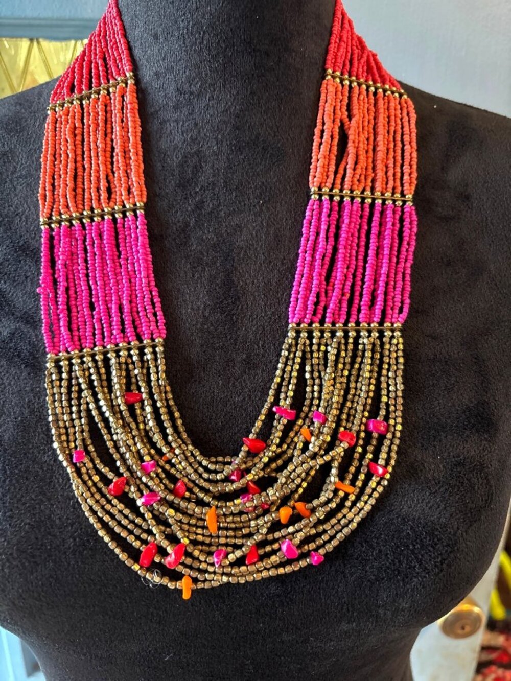 Artisan Necklace Multi-strand Seed Beaded Statement. VTG  27” Bohemian Bib-style